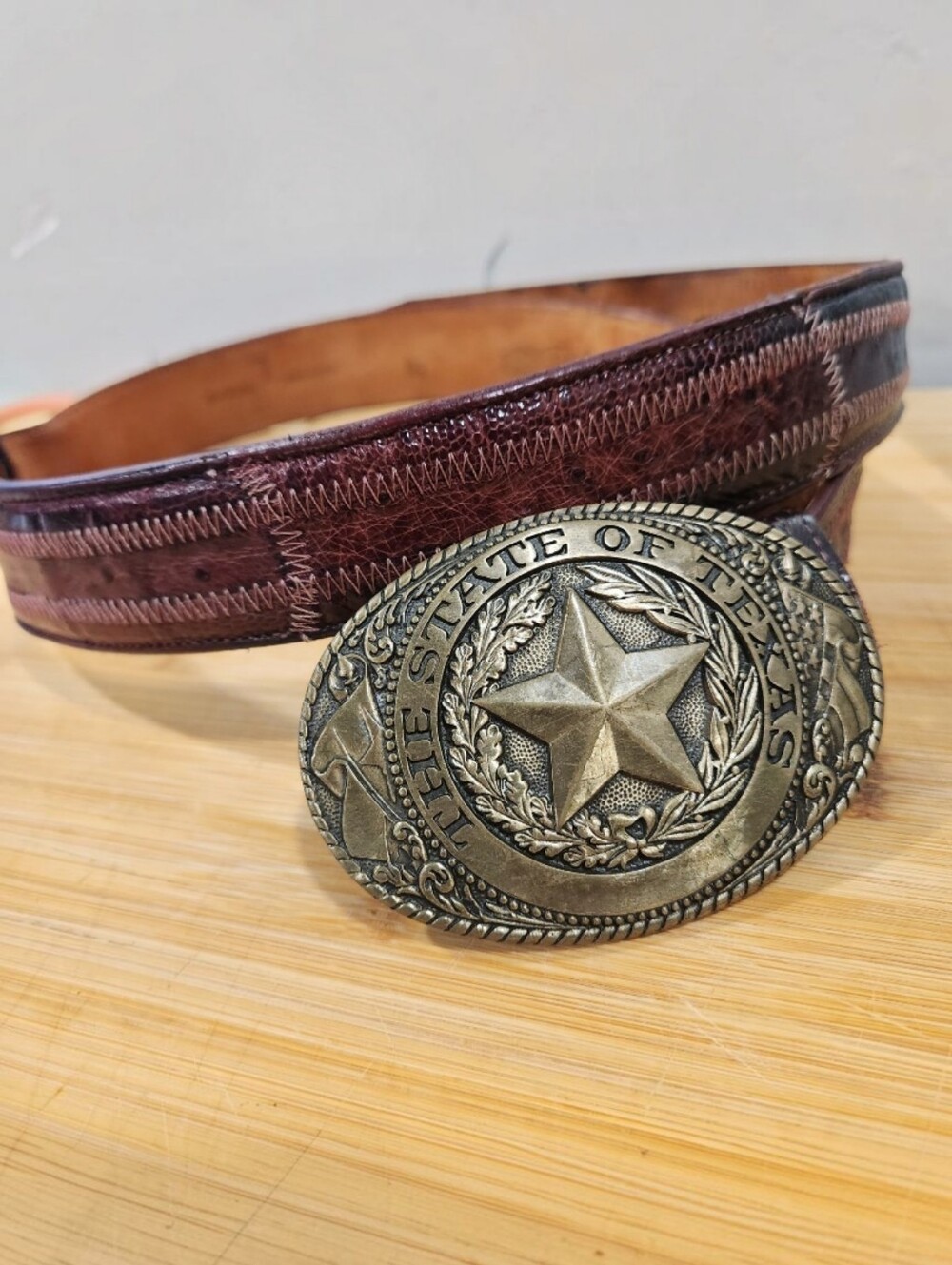 Vtg Tony Lama State Series Brass Texas Buckle Nocona Ostrich Belt 36 E1257